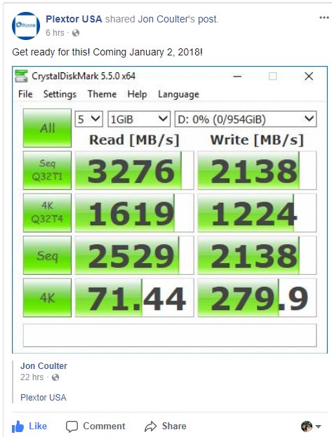 浦科特M9Pe SSD性能公布：讀取3.2GB/S