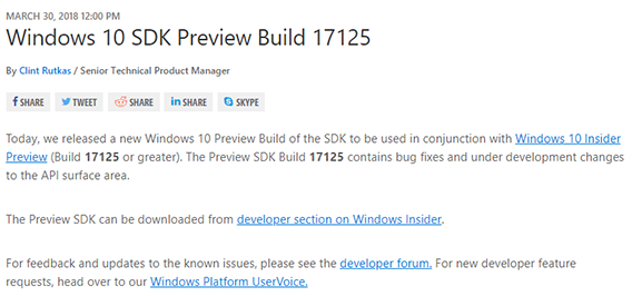 微軟發(fā)布Windows 10 SDK預(yù)覽版Build 17125下載